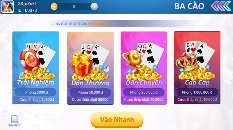 Tựa game Ba Cào có 4 phòng chơi cho các game thủ nhập cuộc