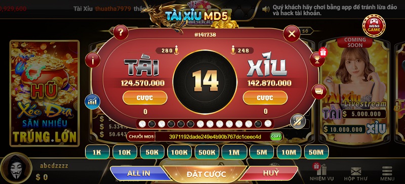 Game quay số Tài Xỉu MD5 trả kết quả công bằng, minh bạch