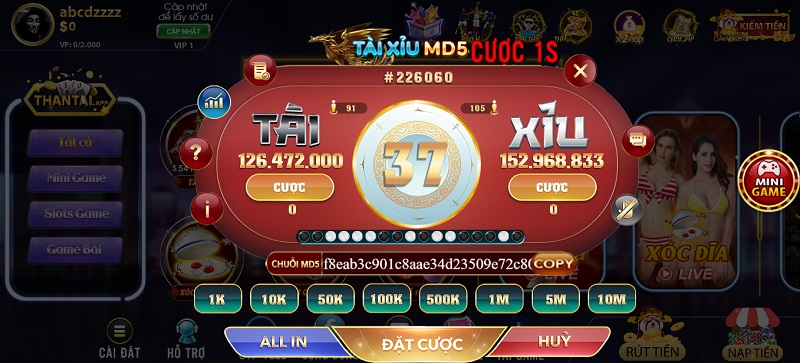 Tận hưởng cảm giác chiến thắng không ngớt khi chơi mini game Tài Xỉu MD5