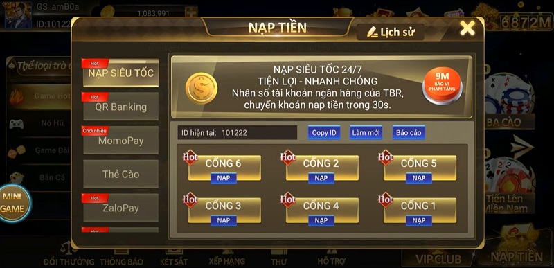 Nạp tiền vào cổng game bài Rik678 Club theo nhiều hình thức tiện lợi